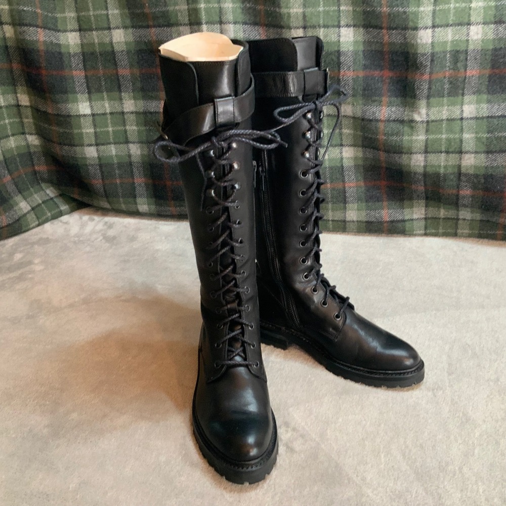 Frye Julie Womens Black Leather Lace Up Tall Combat Boots 3476260 Buckle Strap 6